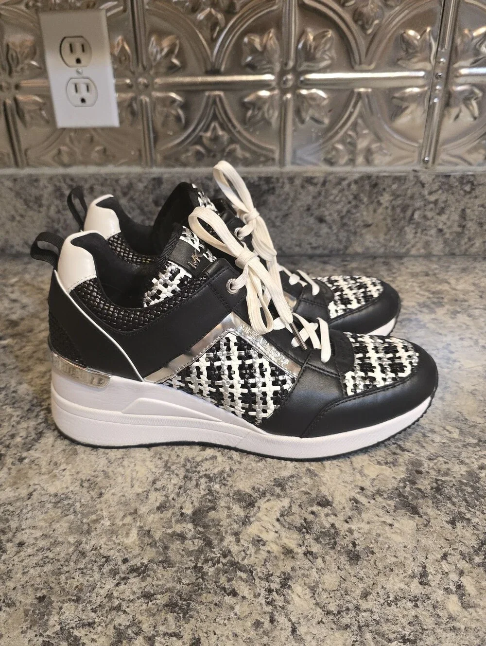 Michael Kors Georgie Black/White/Silver/Plaid Trainer Wedge Sneakers Size 9